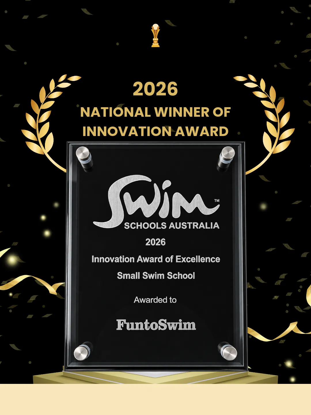 2026 Swim Schools Australia Innovation Award of Excellence plaque, awarded to FunToSwim